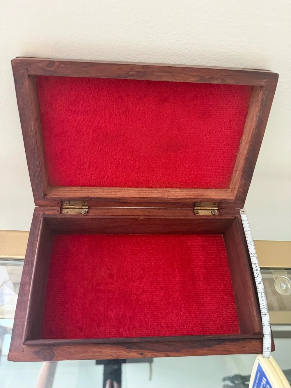 Hand-Carved Wooden Box, Brass Elephant Inlay